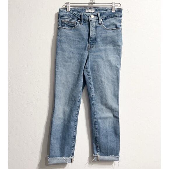 Good American Jeans 2 27 Straight Slim Denim Women Blue Stretch Raw Hem High - Picture 3 of 9